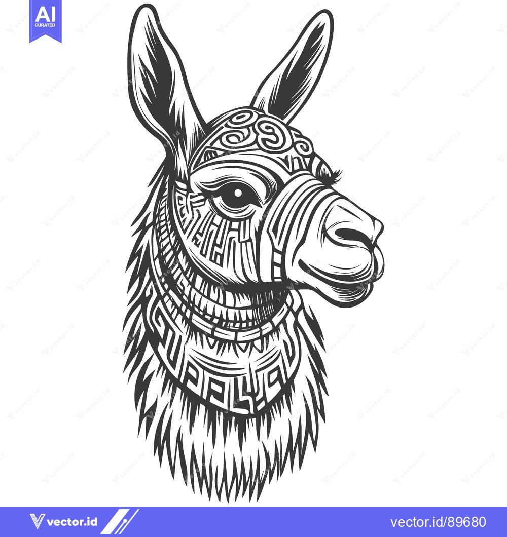Premium Vector dari Ornate Black and White Llama Head Illustration