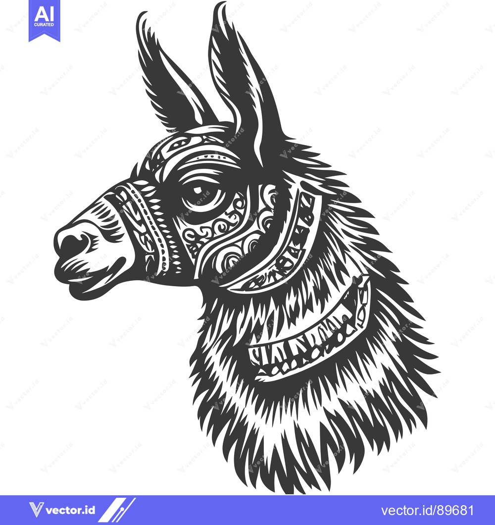 Premium Vector dari Ornate Black and White Llama Head Illustration