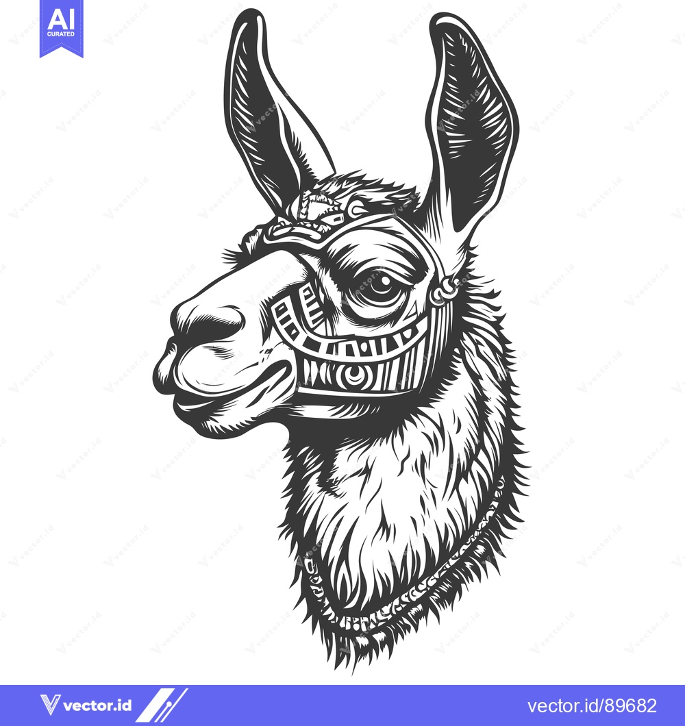 Premium Vector of Ornate Black and White Llama Head Illustration