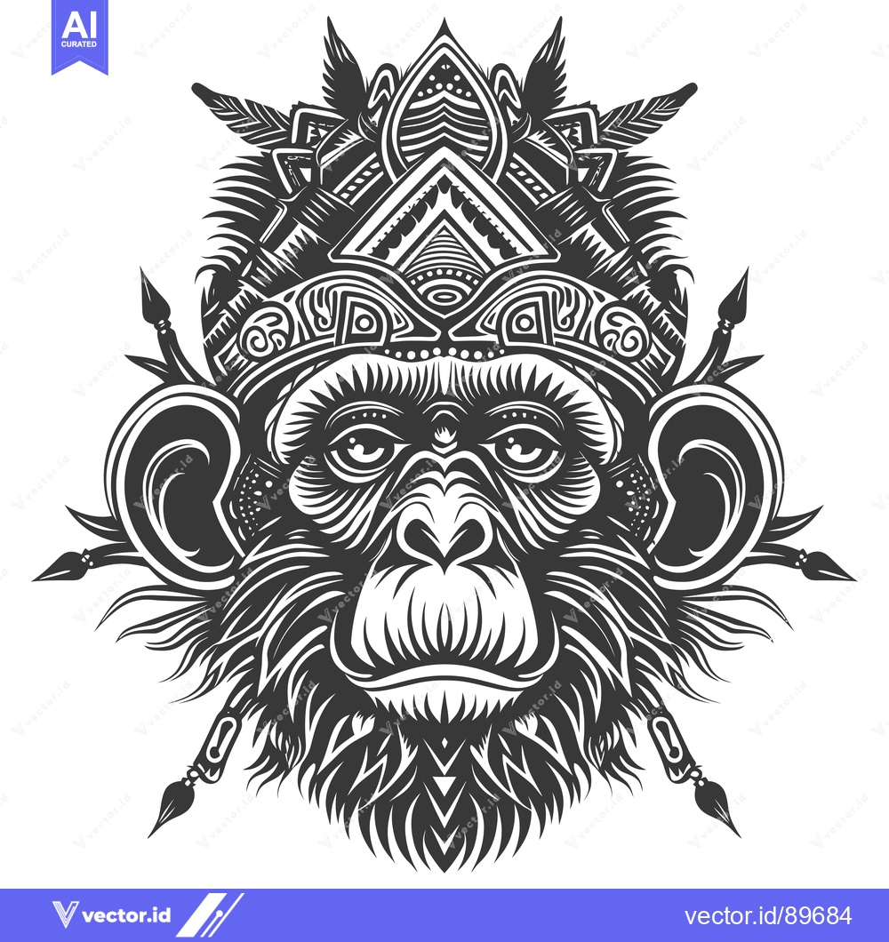 Premium Vector of Ornate Black and White Monkey Head with Feathers and Tribal Design