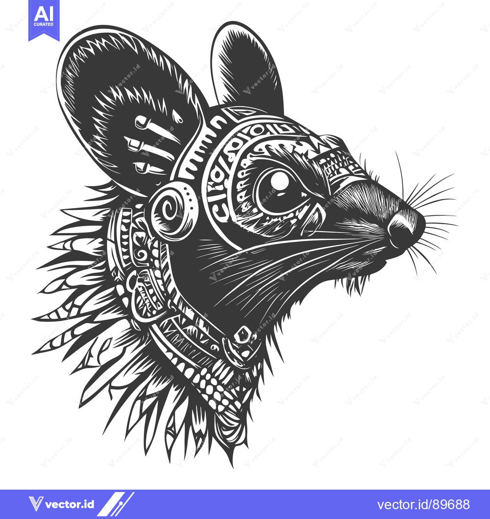 Premium Vector dari Ornate Black and White Mouse with Feathers and Tribal Designs