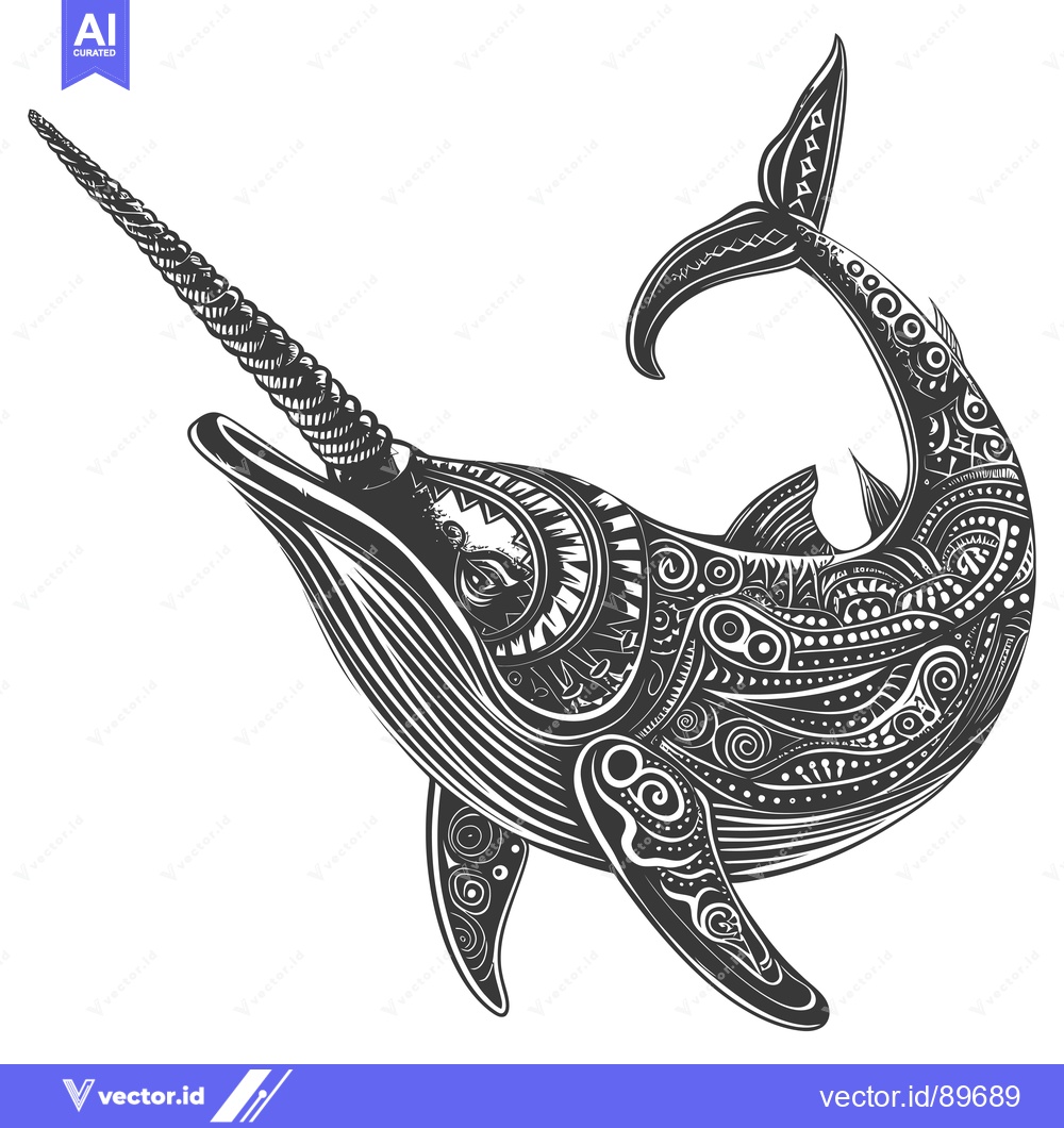 Premium Vector of Ornate Black and White Narwhal with Geometric Patterns
