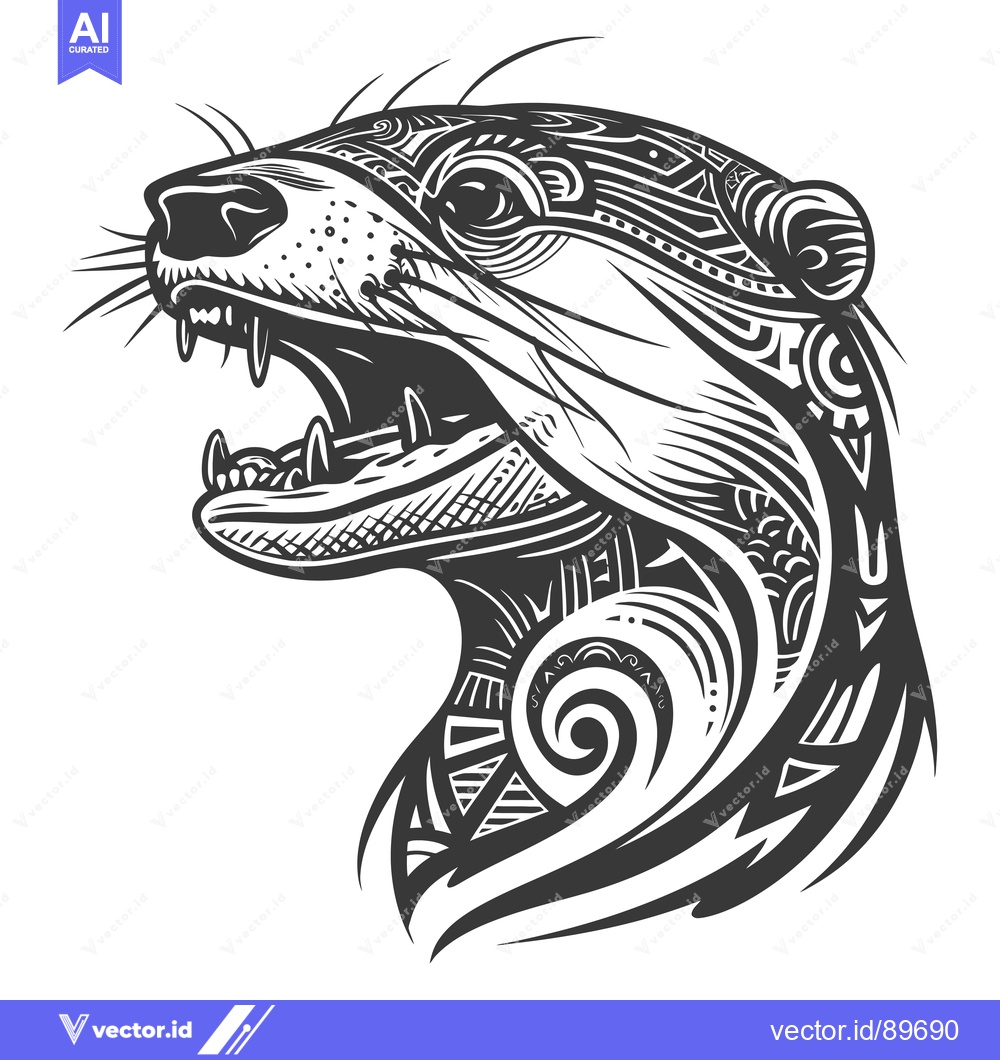 Premium Vector of Ornate Black and White Otter Head Illustration