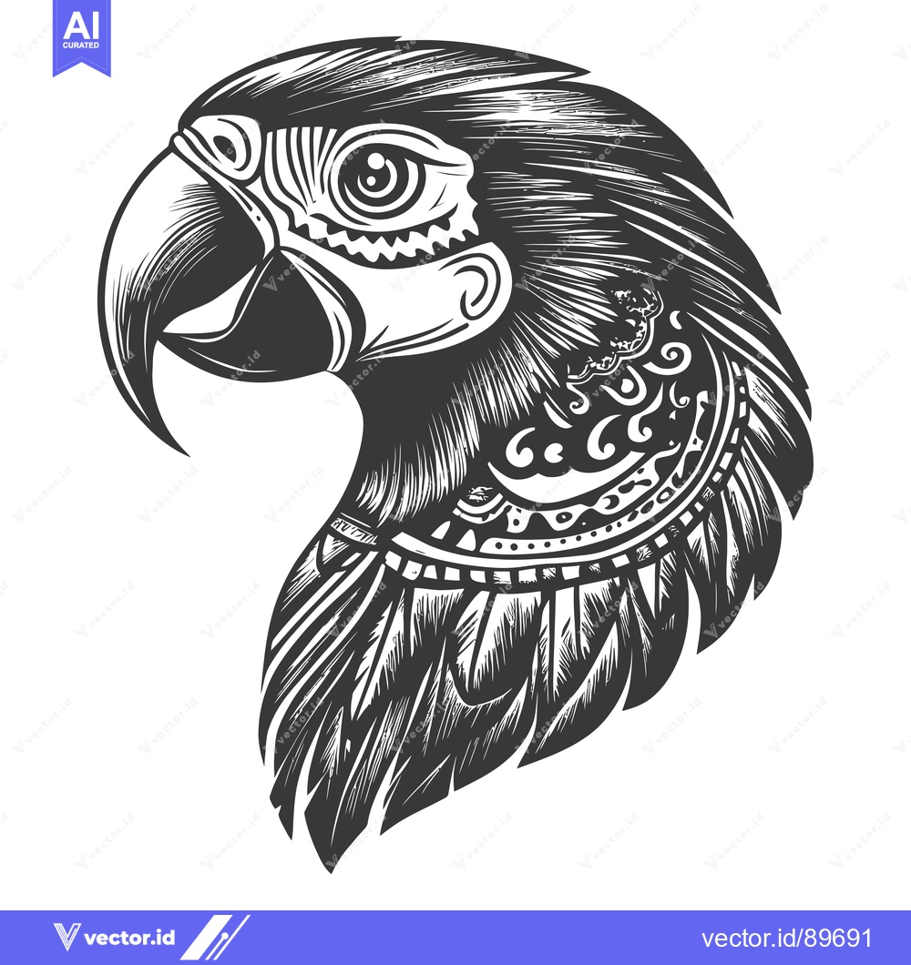 Premium Vector dari Ornate Black and White Parrot Head Illustration