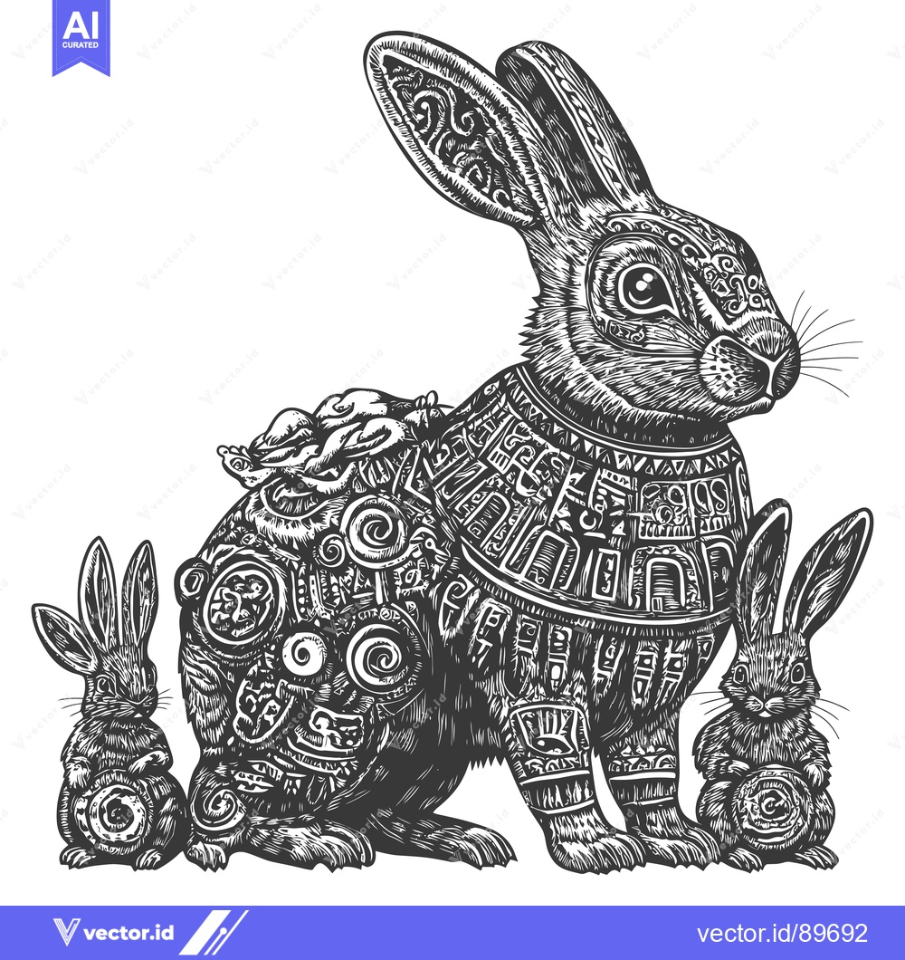 Premium Vector of Ornate Black and White Rabbit Family Illustration