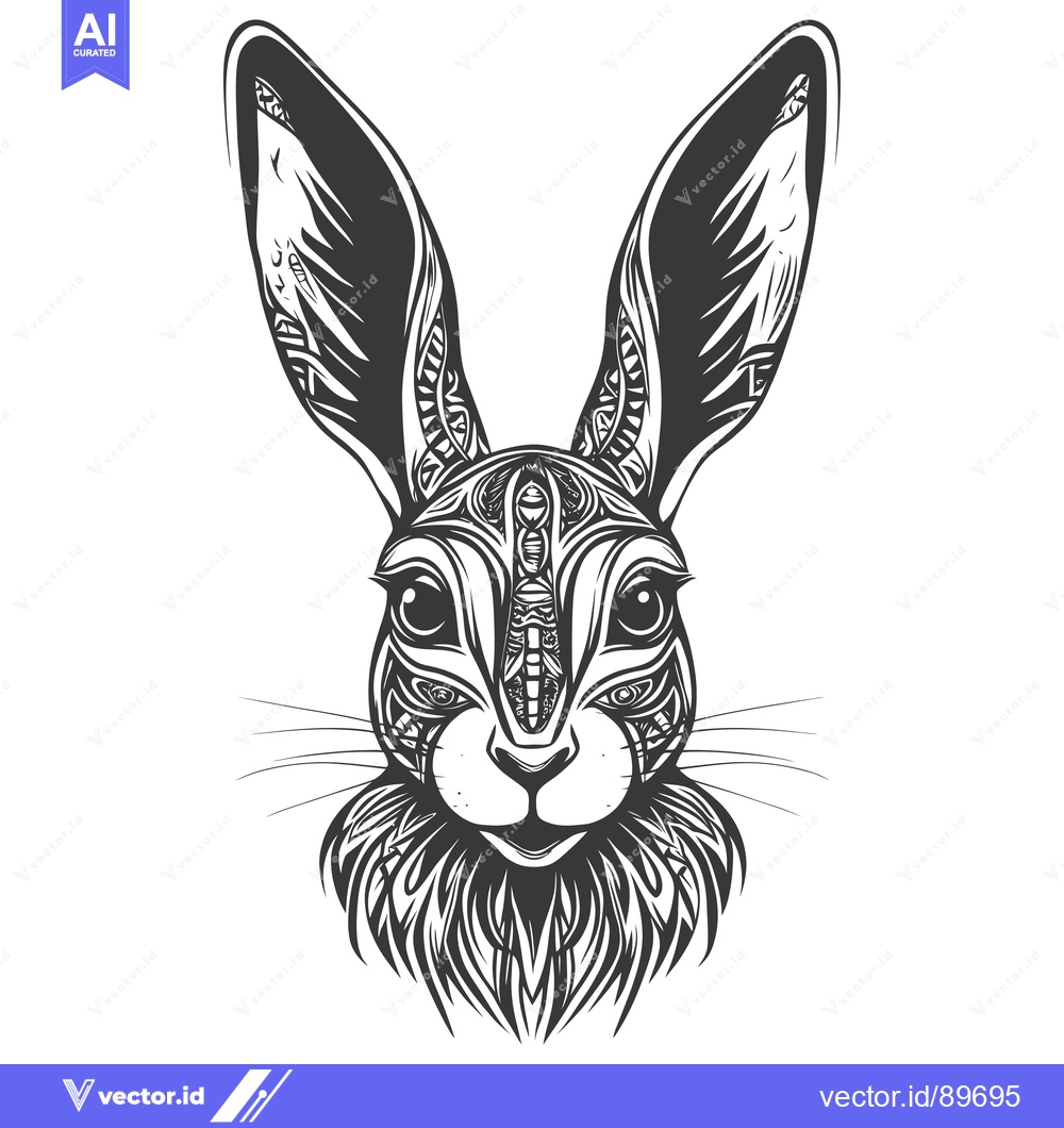 Premium Vector dari Ornate Black and White Rabbit Head with Detailed Fur