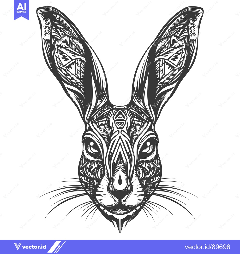 Premium Vector dari Ornate Black and White Rabbit Head with Detailed Geometric Patterns