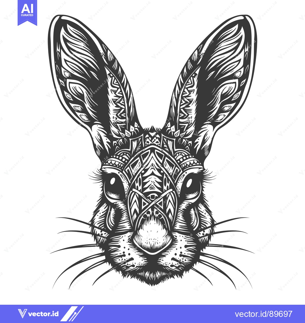 Premium Vector dari Ornate Black and White Rabbit Head with Geometric Patterns
