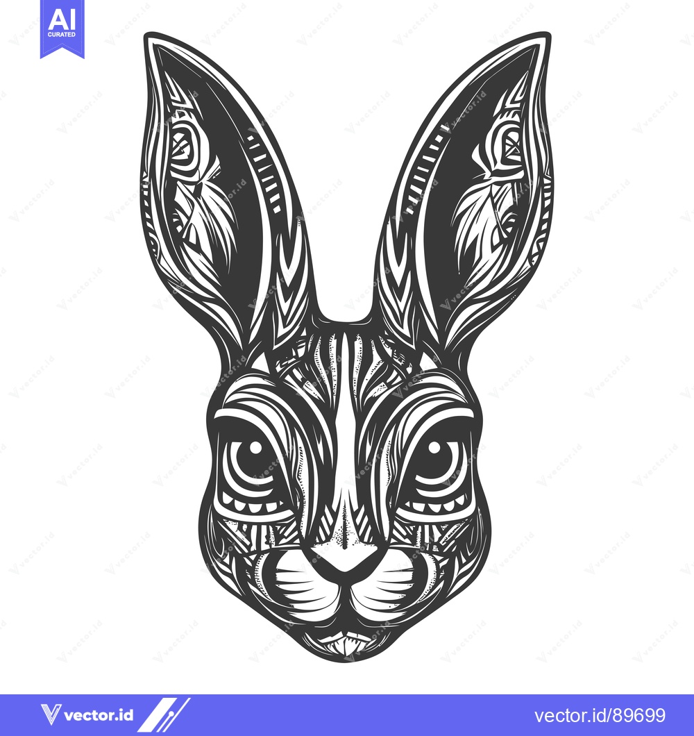 Premium Vector dari Ornate Black and White Rabbit Head with Tribal Pattern