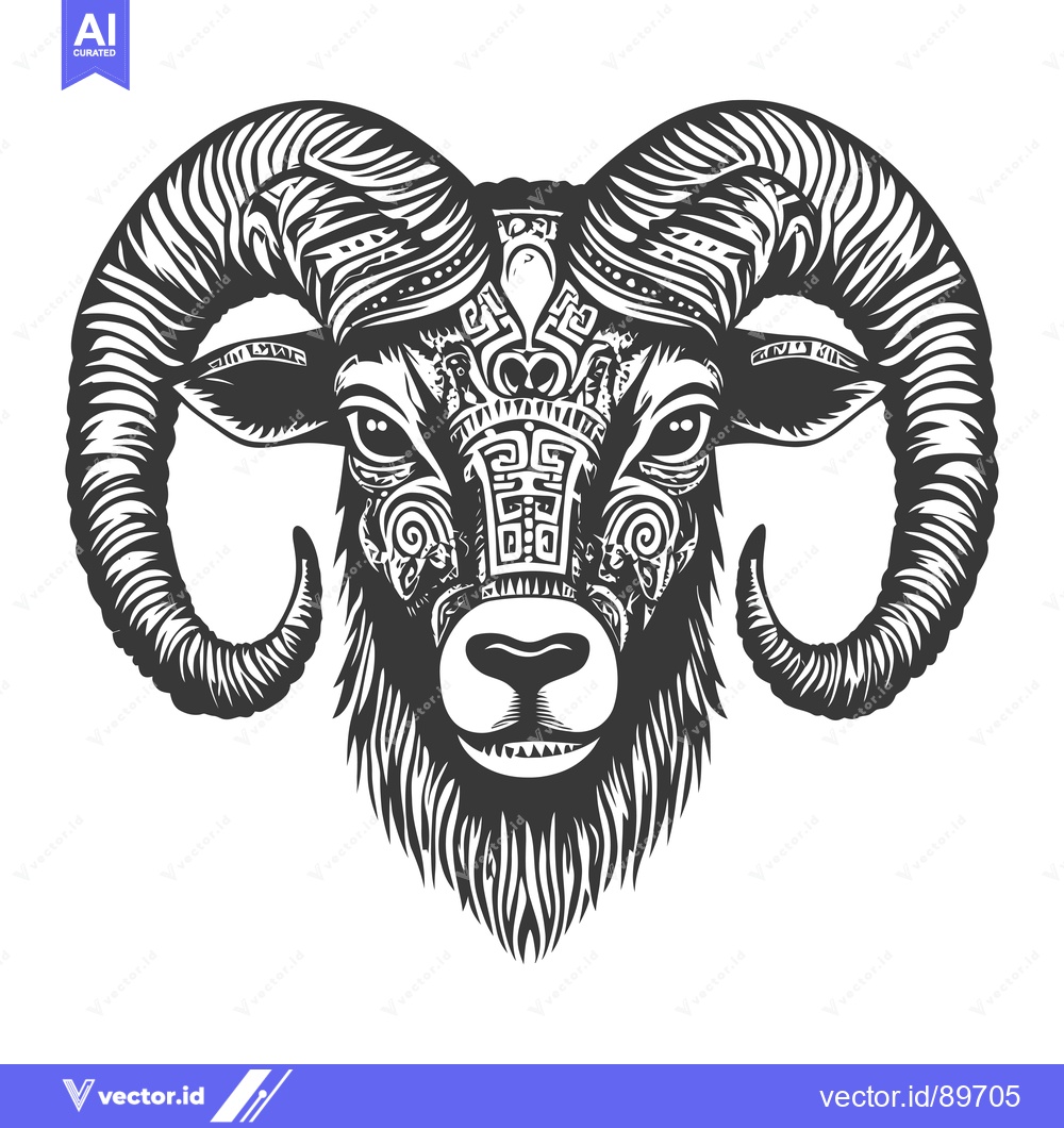 Premium Vector of Ornate Black and White Ram Head with Detailed Horns