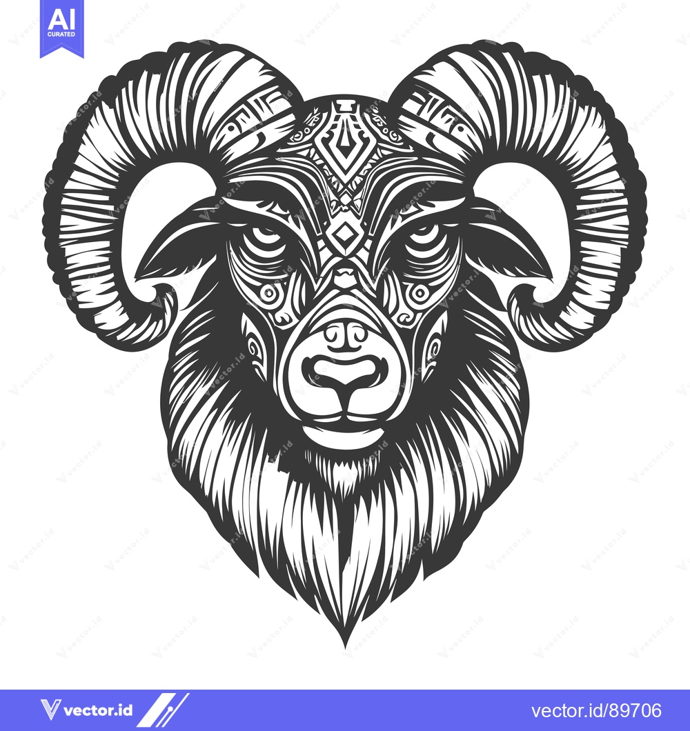 Premium Vector dari Ornate Black and White Ram Head with Intricate Detailing