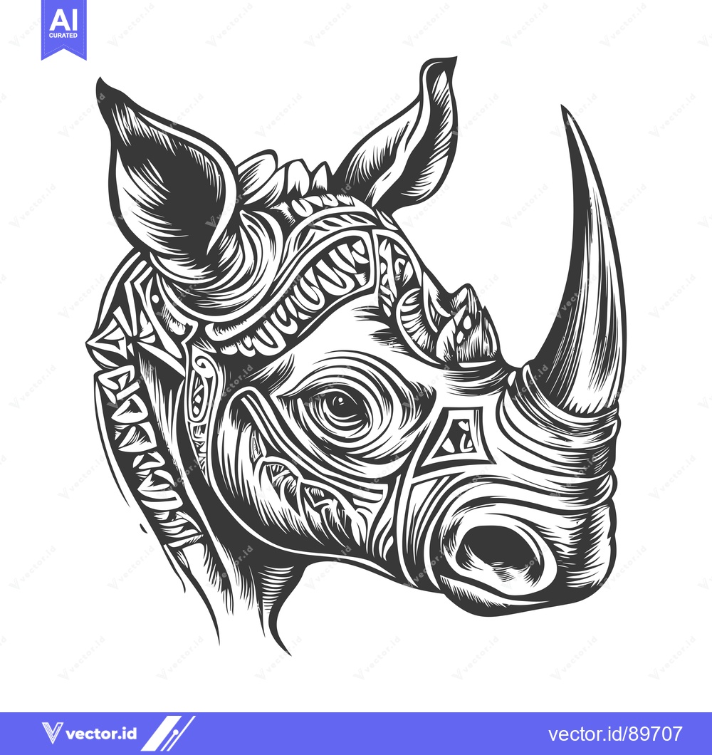 Premium Vector dari Ornate Black and White Rhinoceros Head Illustration