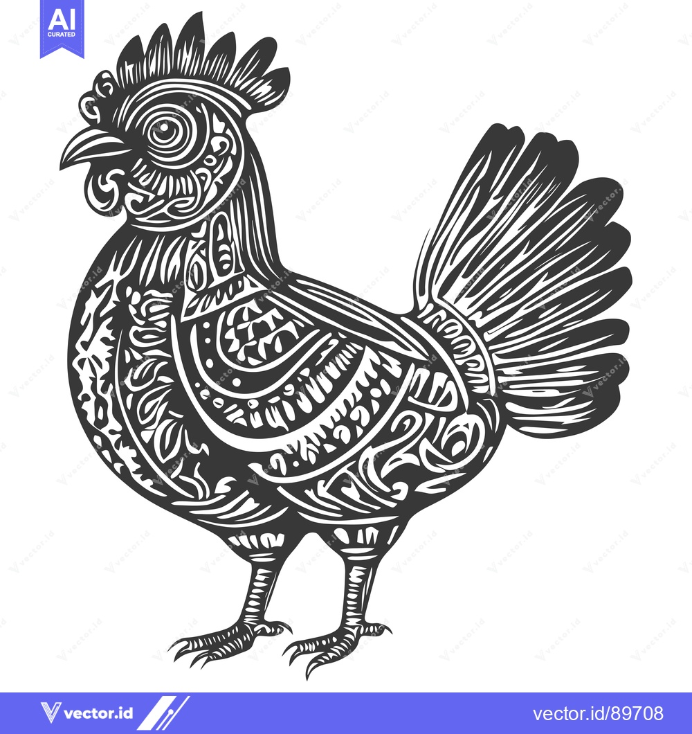 Premium Vector of Ornate Black and White Rooster Illustration