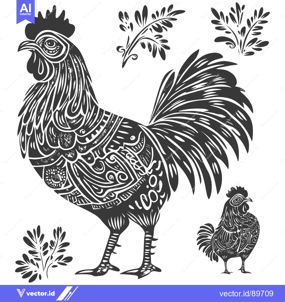 Premium Vector dari Ornate Black and White Rooster Illustration with Floral Elements