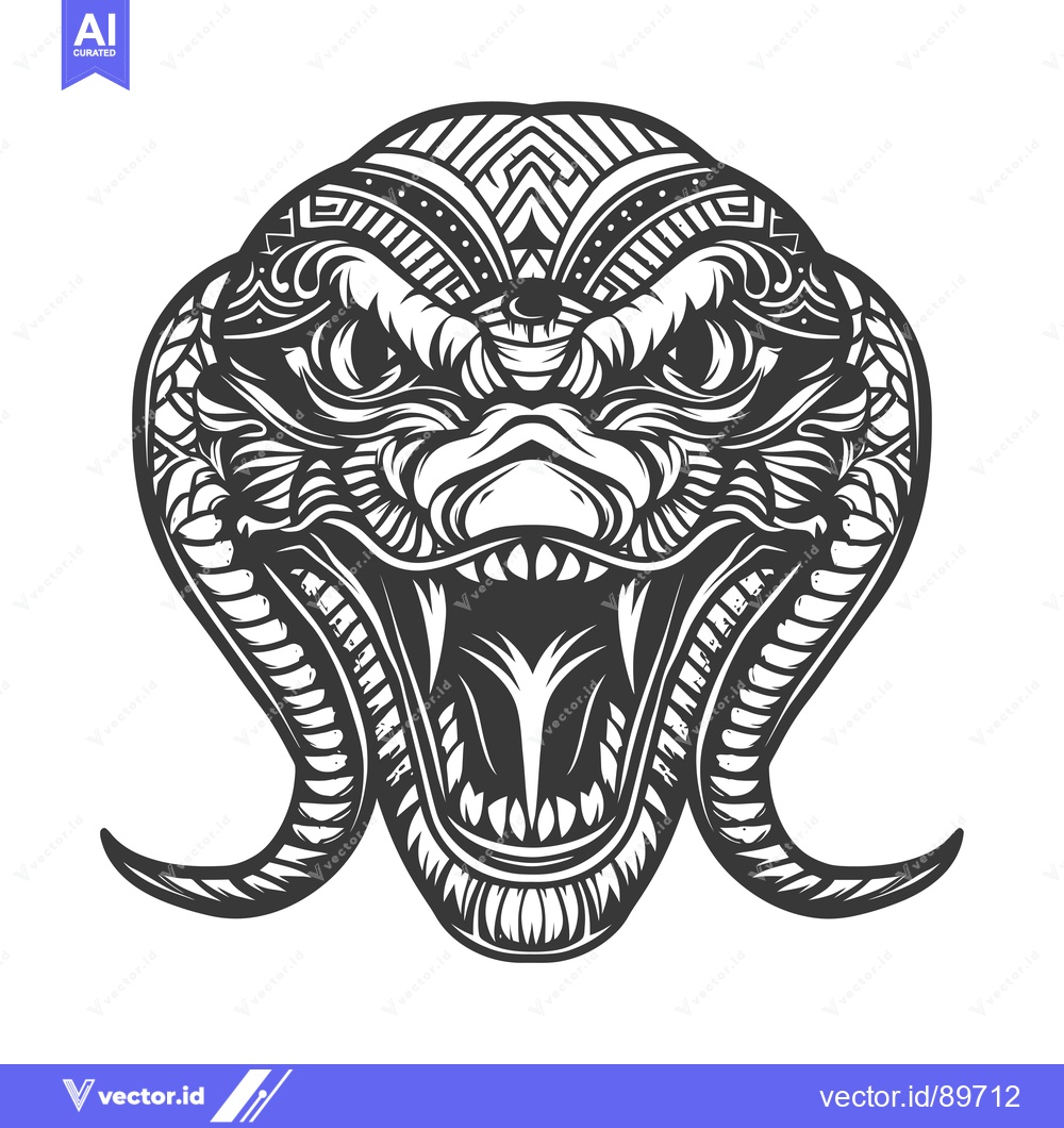 Premium Vector of Ornate Black and White Snake Head with Open Mouth