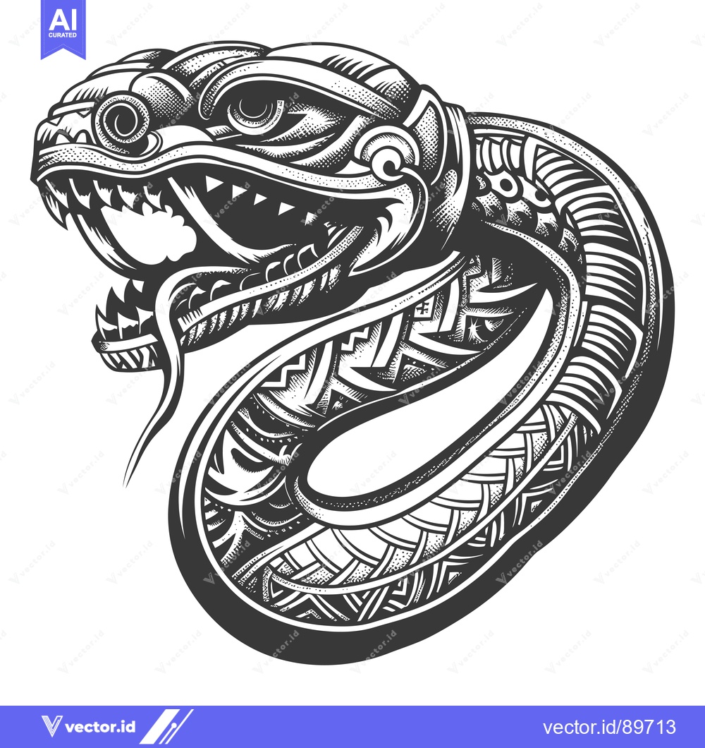 Premium Vector dari Ornate Black and White Snake with Open Mouth and Tribal Design