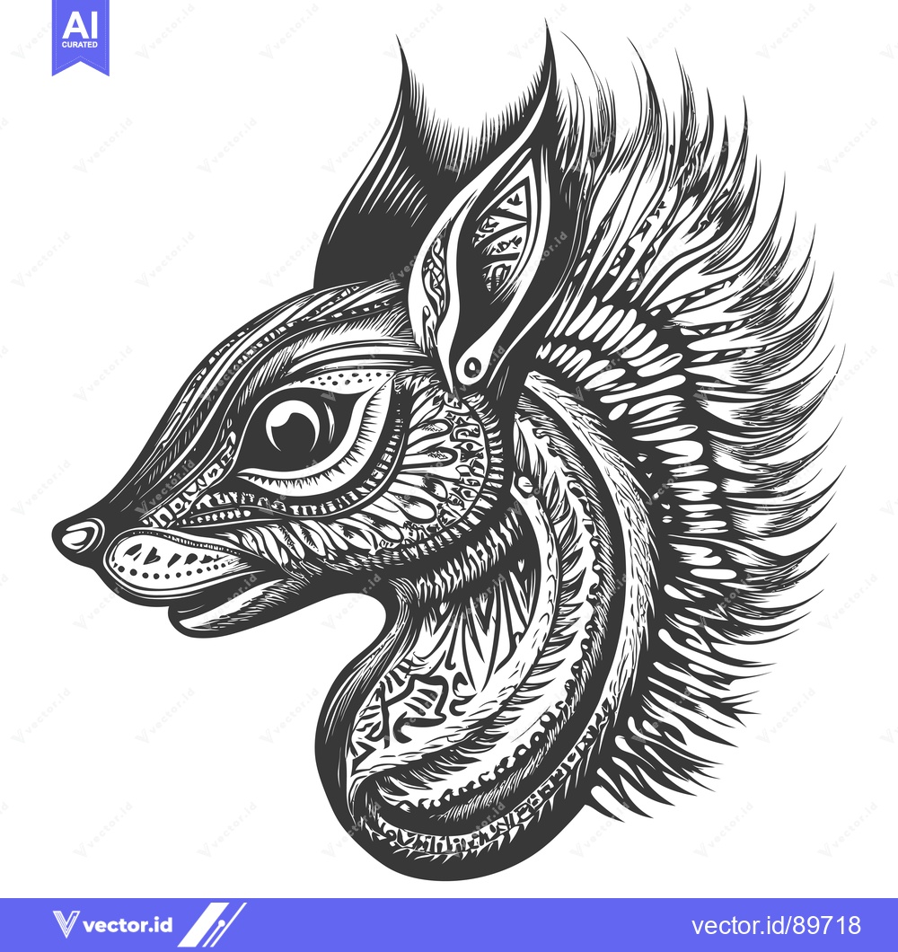 Premium Vector dari Ornate Black and White Squirrel Head with Detailed Design
