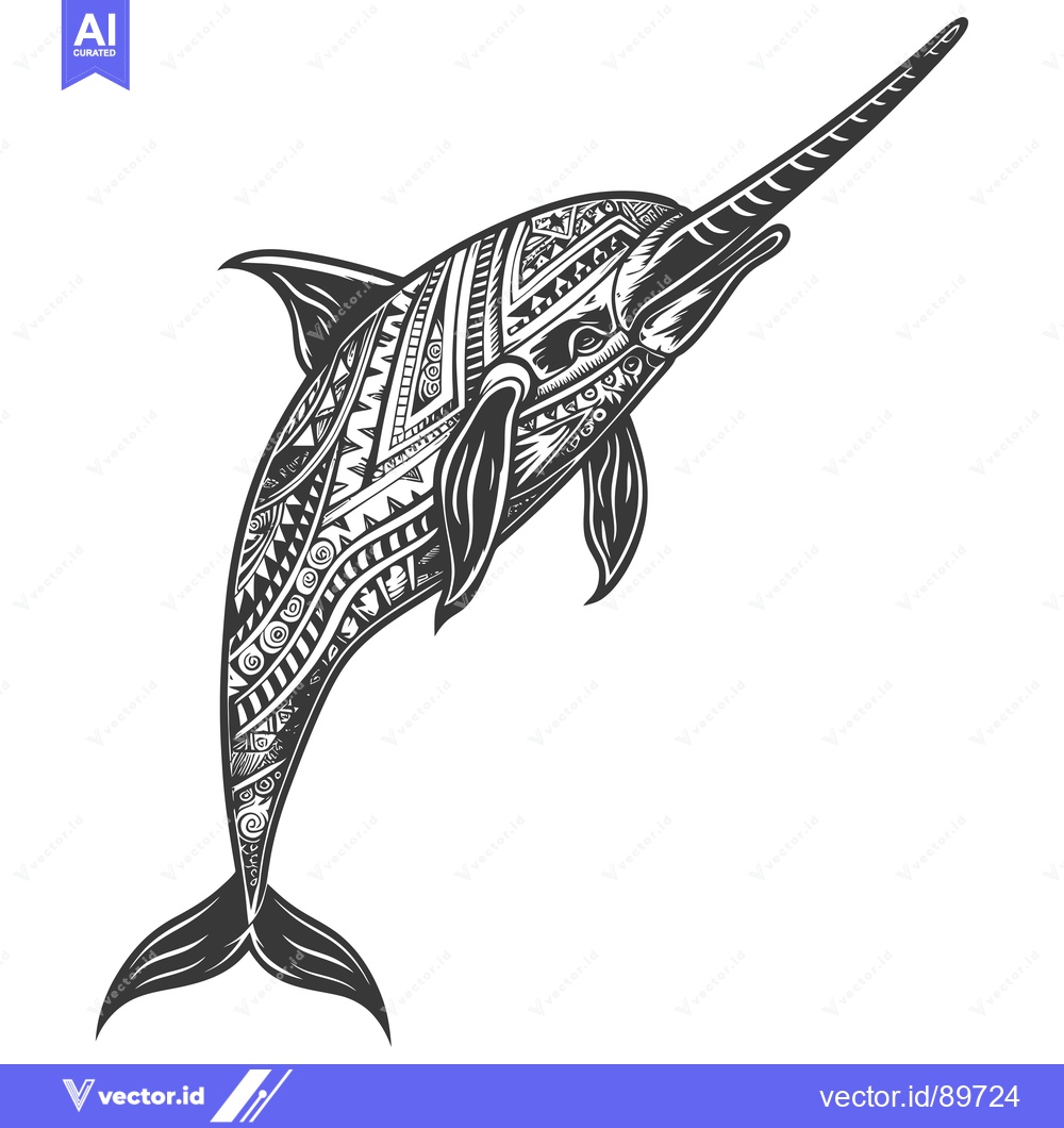 Premium Vector dari Ornate Black and White  Swordfish with Tribal Design