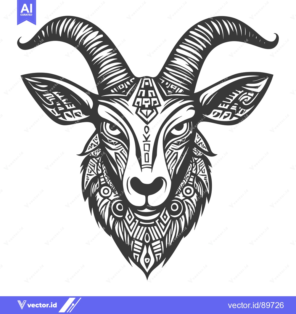 Premium Vector dari Ornate Black and White Tribal Goat Head Illustration