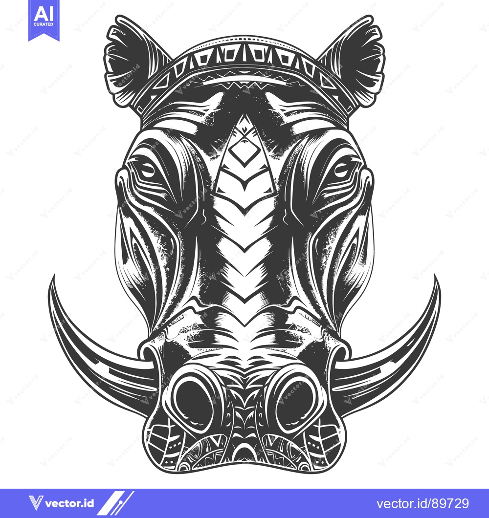 Premium Vector of Ornate Black and White Warthog Head with Tusks