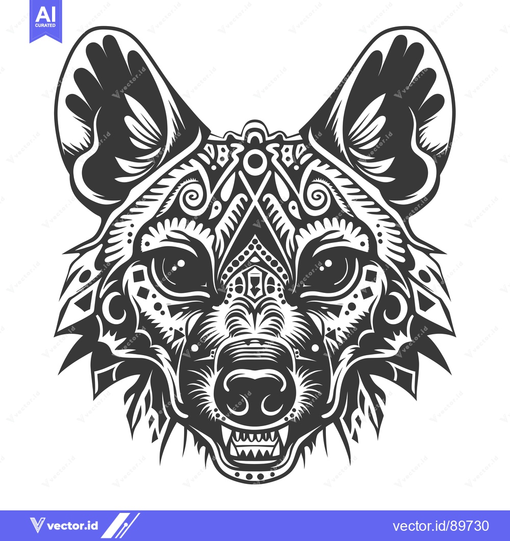 Premium Vector dari Ornate Black and White Wild Dog Head Illustration