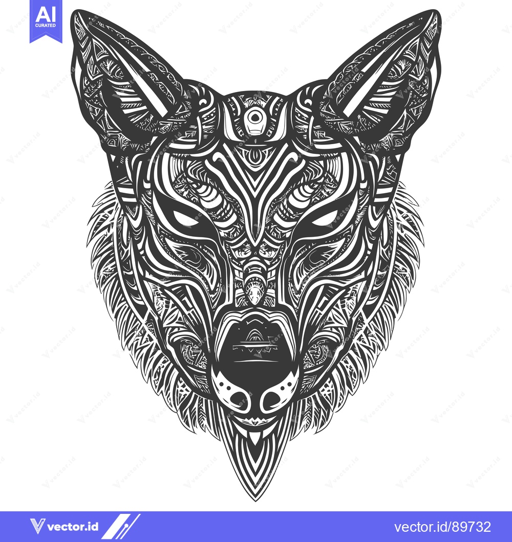 Premium Vector dari Ornate Black and White Wolf Head Illustration