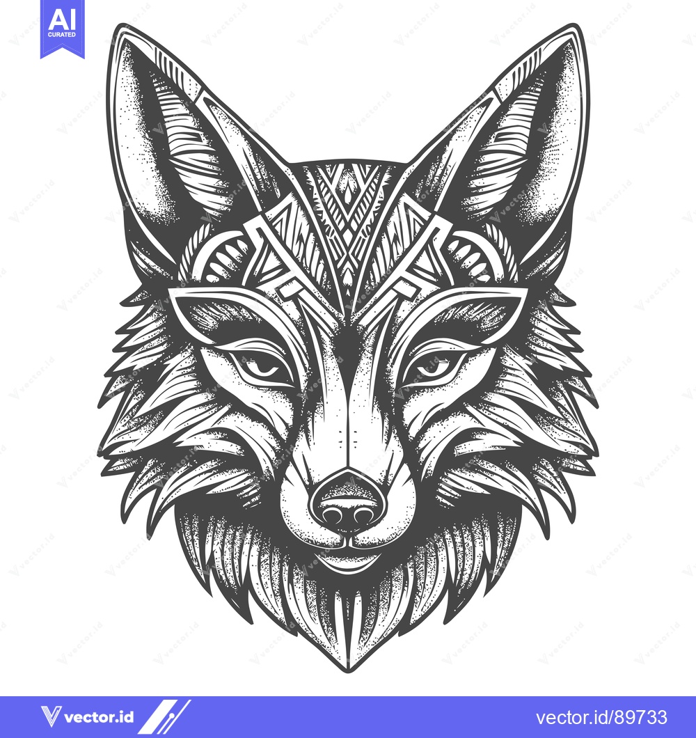 Premium Vector of Ornate Black and White Wolf Head Illustration