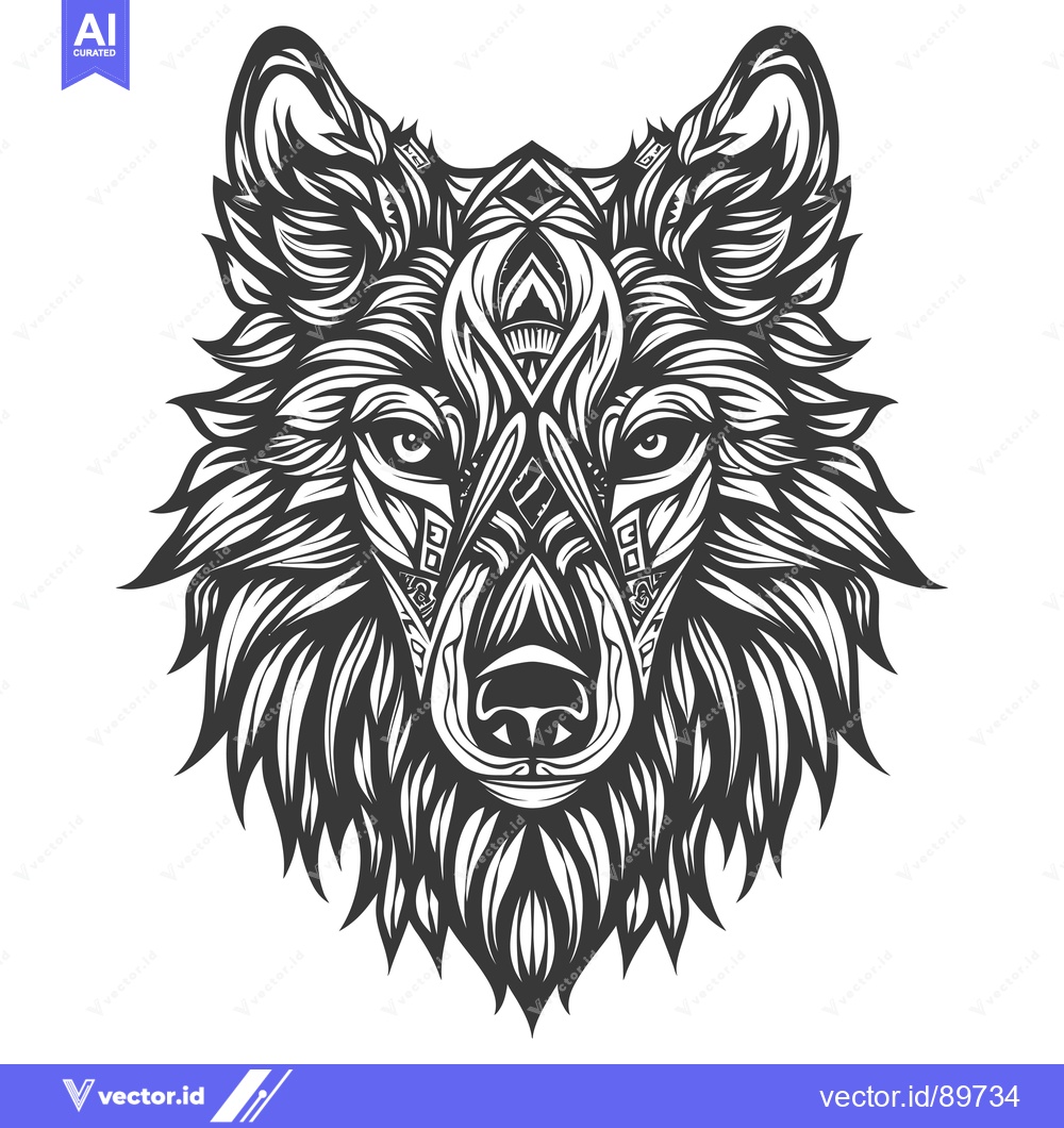 Premium Vector dari Ornate Black and White Wolf Head Illustration