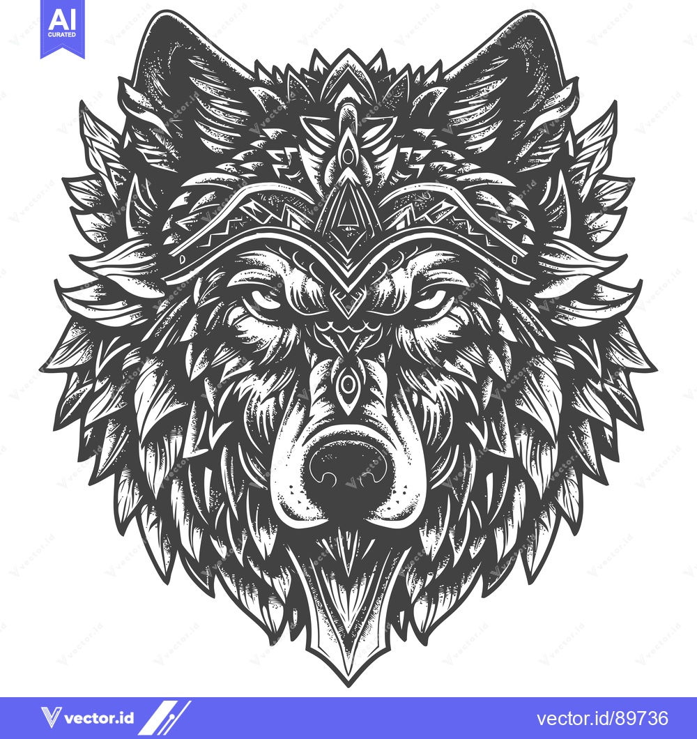 Premium Vector dari Ornate Black and White Wolf Head with Geometric Details