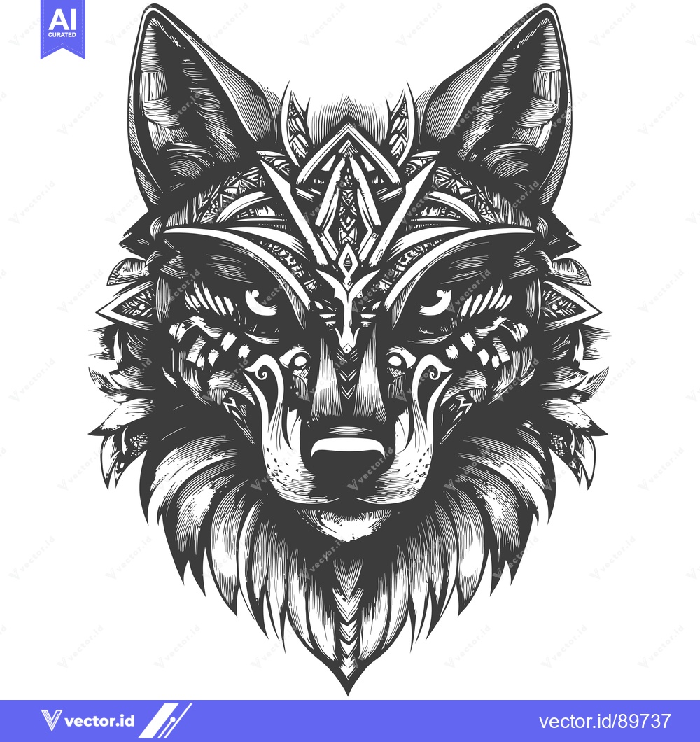 Premium Vector dari Ornate Black and White Wolf Head with Geometric Pattern