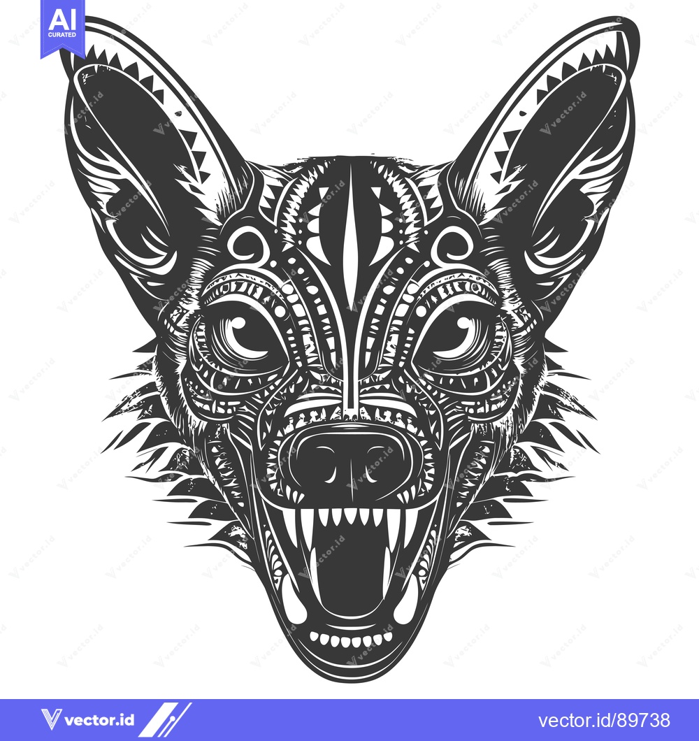 Premium Vector dari Ornate Black and White Wolf Head with Open Mouth and Sharp Teeth