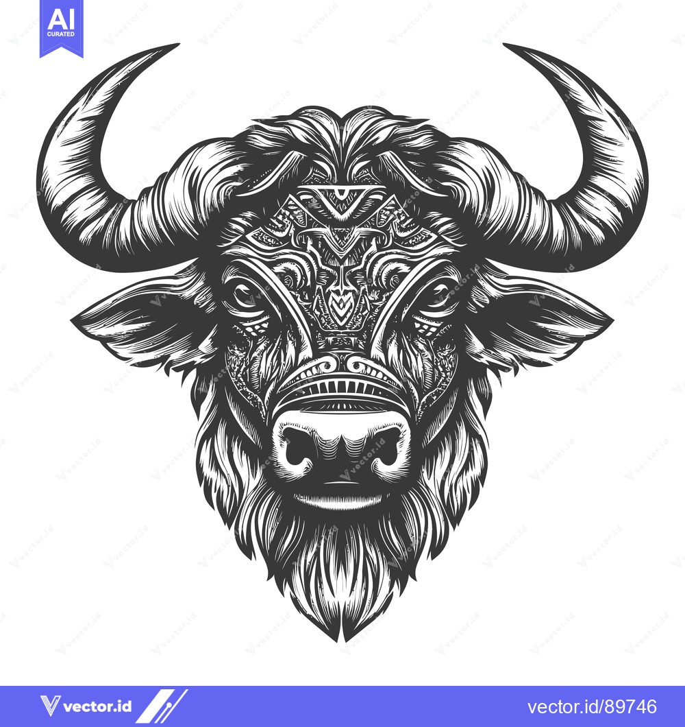 Premium Vector dari Ornate Bull Head with Detailed Horns and Patterned Face