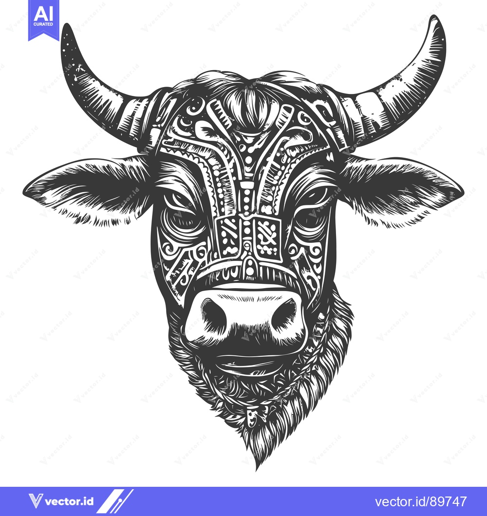 Premium Vector of Ornate Bull Head with Detailed Pattern and Horns