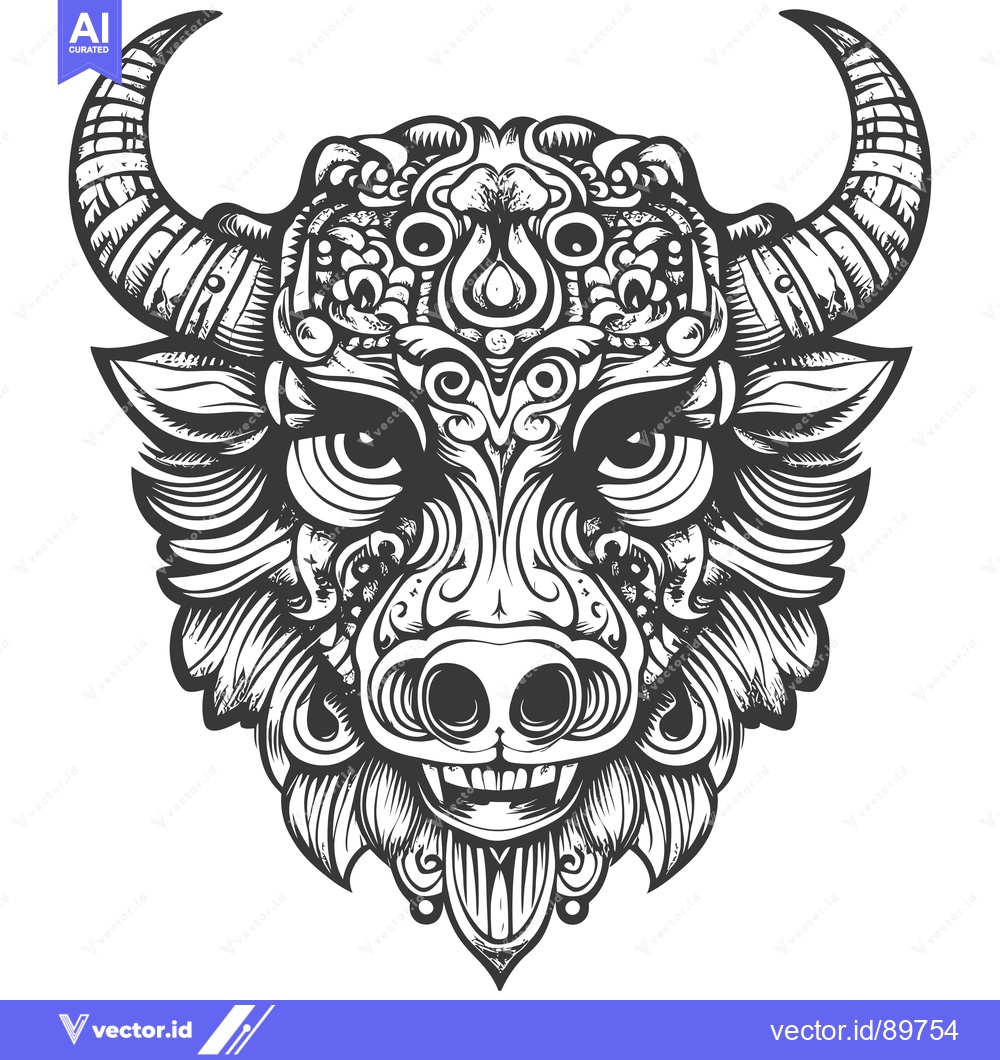 Premium Vector of Ornate Bull Head with Intricate Details and Ferocious Expression
