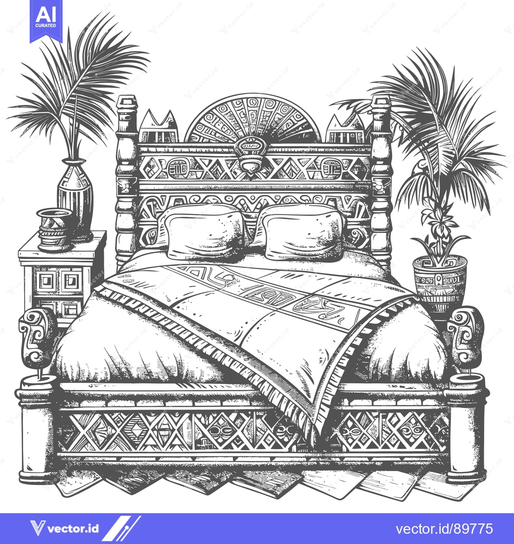 Premium Vector of Ornate Carved Wooden Bed with Palm Trees and Vases