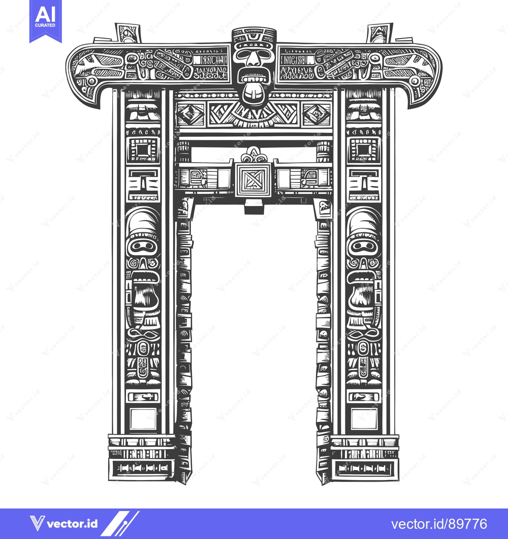 Premium Vector of Ornate Carved Wooden Gateway with Totemic Figures