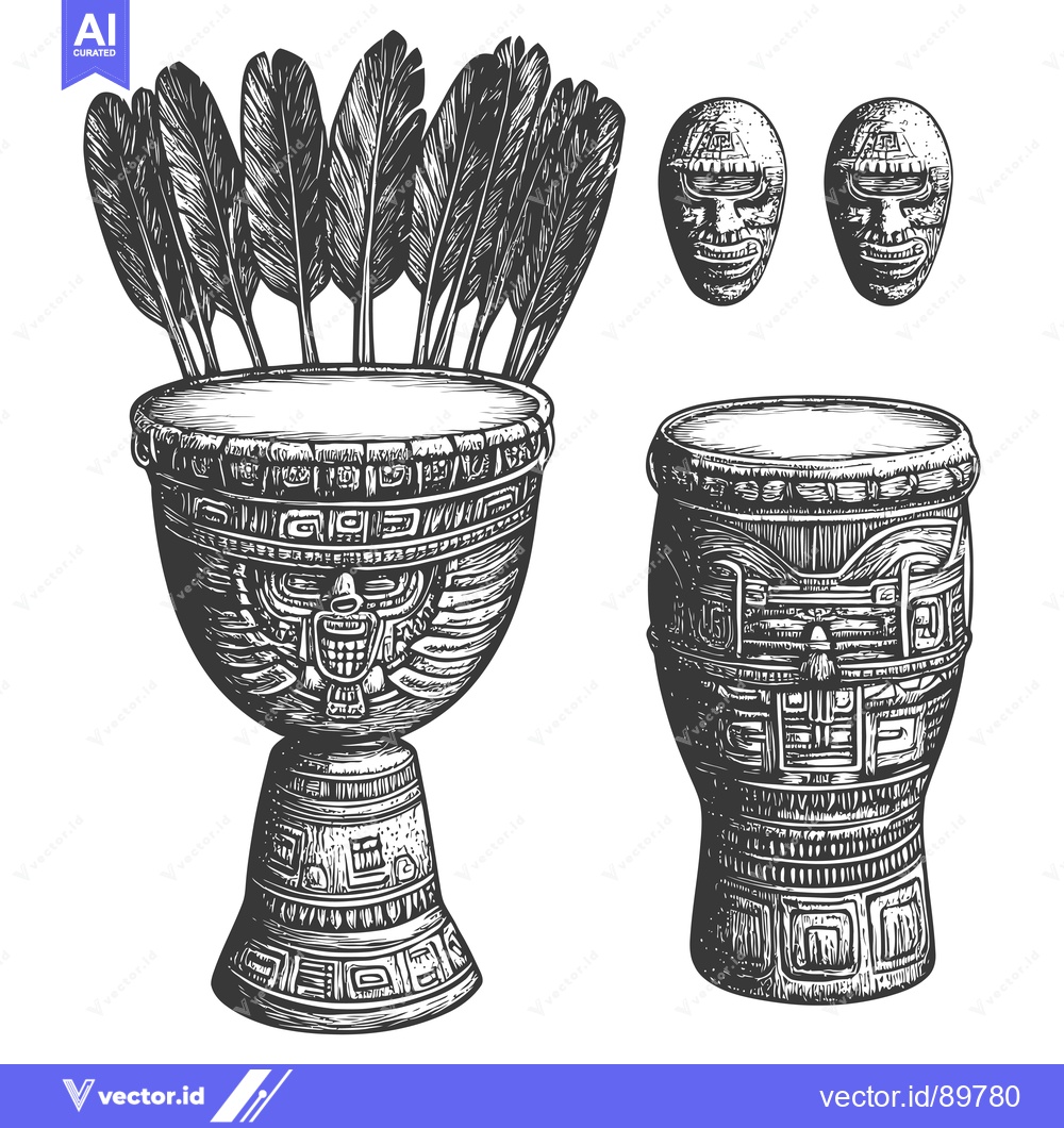 Premium Vector of Ornate Ceremonial Drums, Feathers, and Masks of the Ancient Americas
