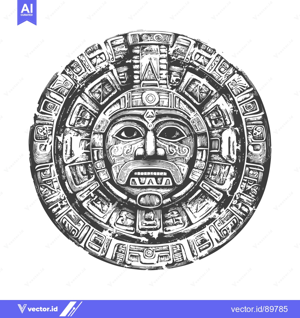 Premium Vector dari Ornate Circular Design Featuring a Mayan Deity Face with Intricate Pat