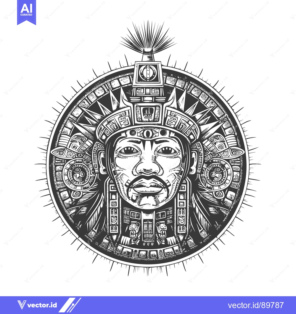 Premium Vector of Ornate Circular Design Featuring a Stylized Mayan Face with Geometric