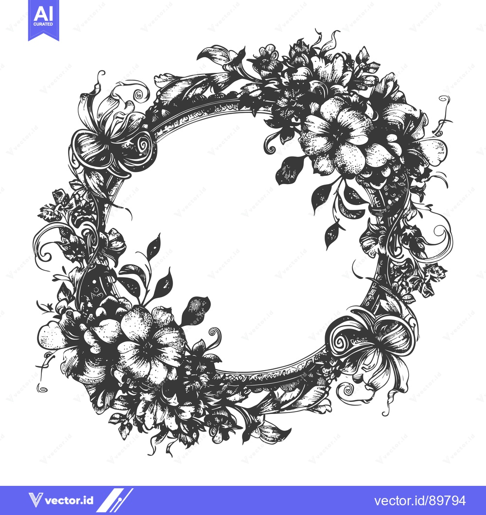 Premium Vector of Ornate Circular Floral Frame with Detailed Flowers and Swirls