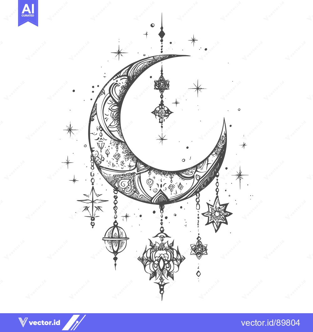 Premium Vector dari Ornate Crescent Moon with Hanging Mandala-Like Ornaments