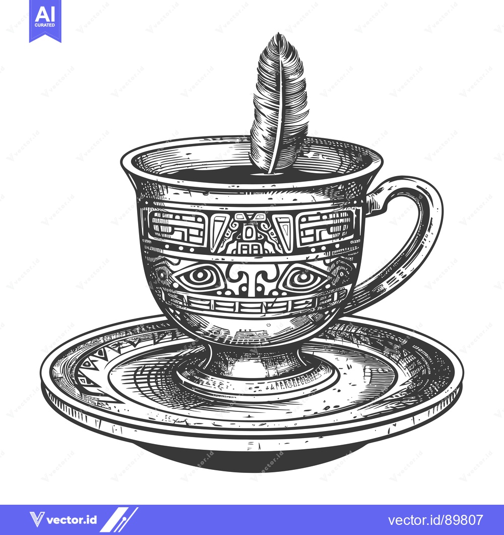 Premium Vector of Ornate Cup and Saucer with a Feather