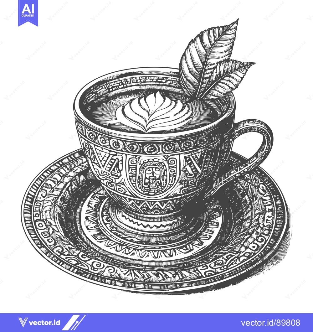 Premium Vector dari Ornate Cup and Saucer with Coffee and Leaves