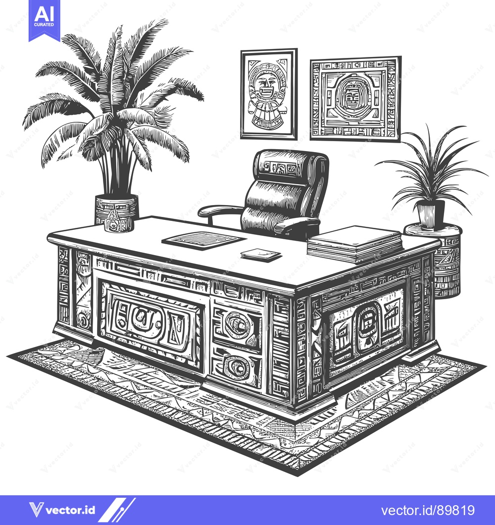 Premium Vector dari Ornate Desk with Mayan-Inspired Designs and Tropical Plants