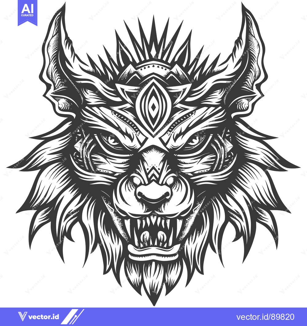 Premium Vector of Ornate, detailed, and fierce, black and white wolf head with a third e