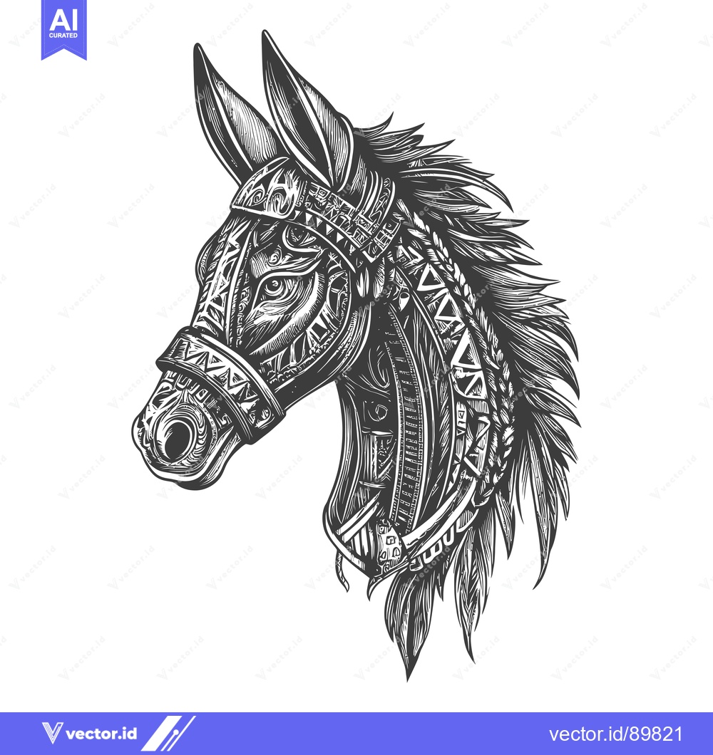 Premium Vector of Ornate Detailed Black and White Donkey Head Illustration