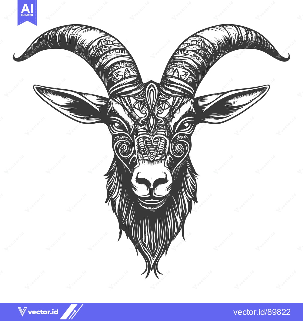 Premium Vector of Ornate Detailed Black And White Goat Head Illustration