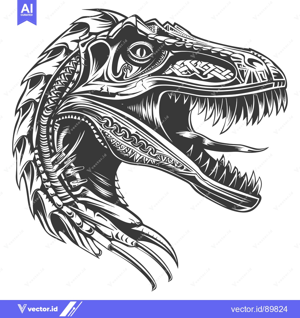Premium Vector dari Ornate, detailed, black and white illustration of a dinosaur's head wi