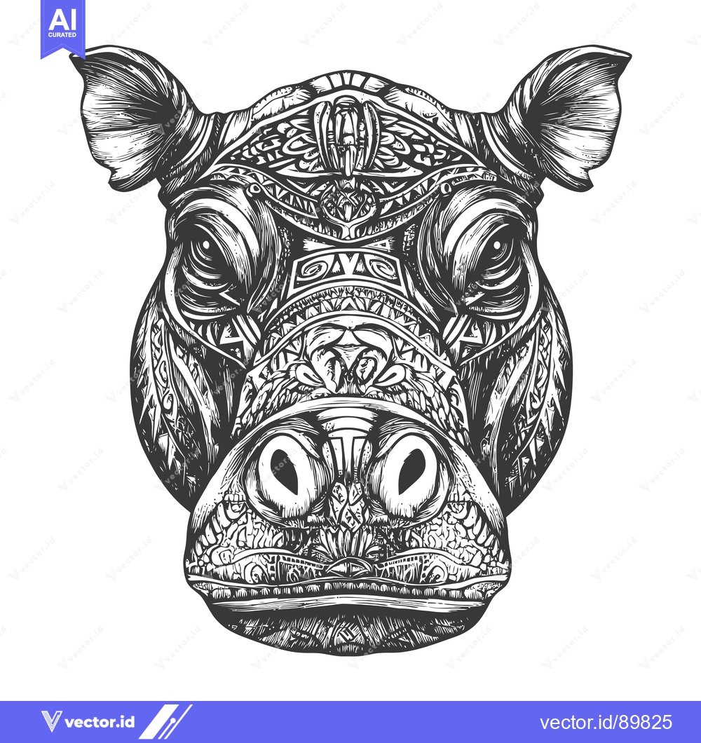 Premium Vector of Ornate Detailed Black and White Illustration of a Hippopotamus Head