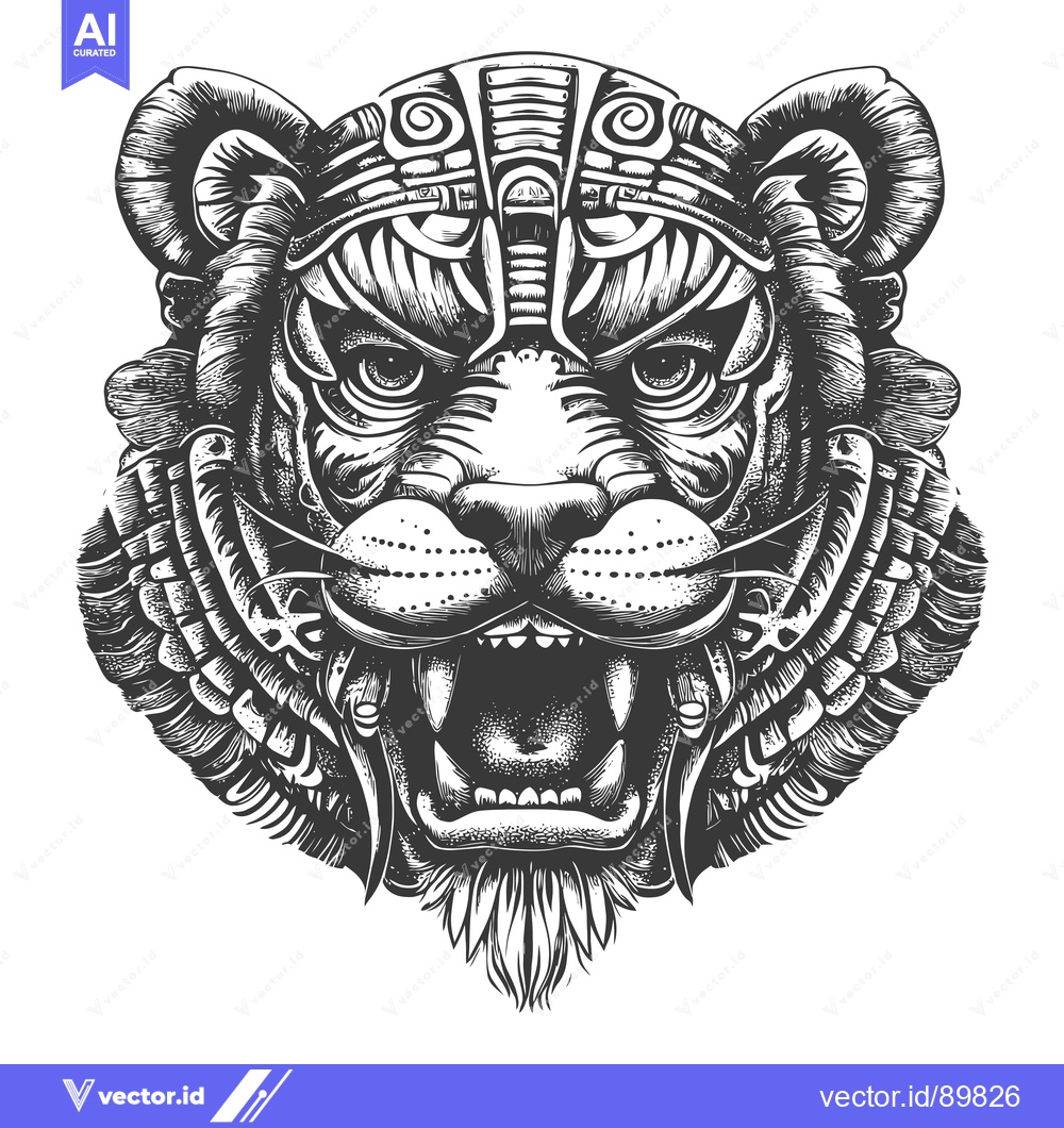 Premium Vector of Ornate Detailed Black and White Tiger Head with Open Mouth